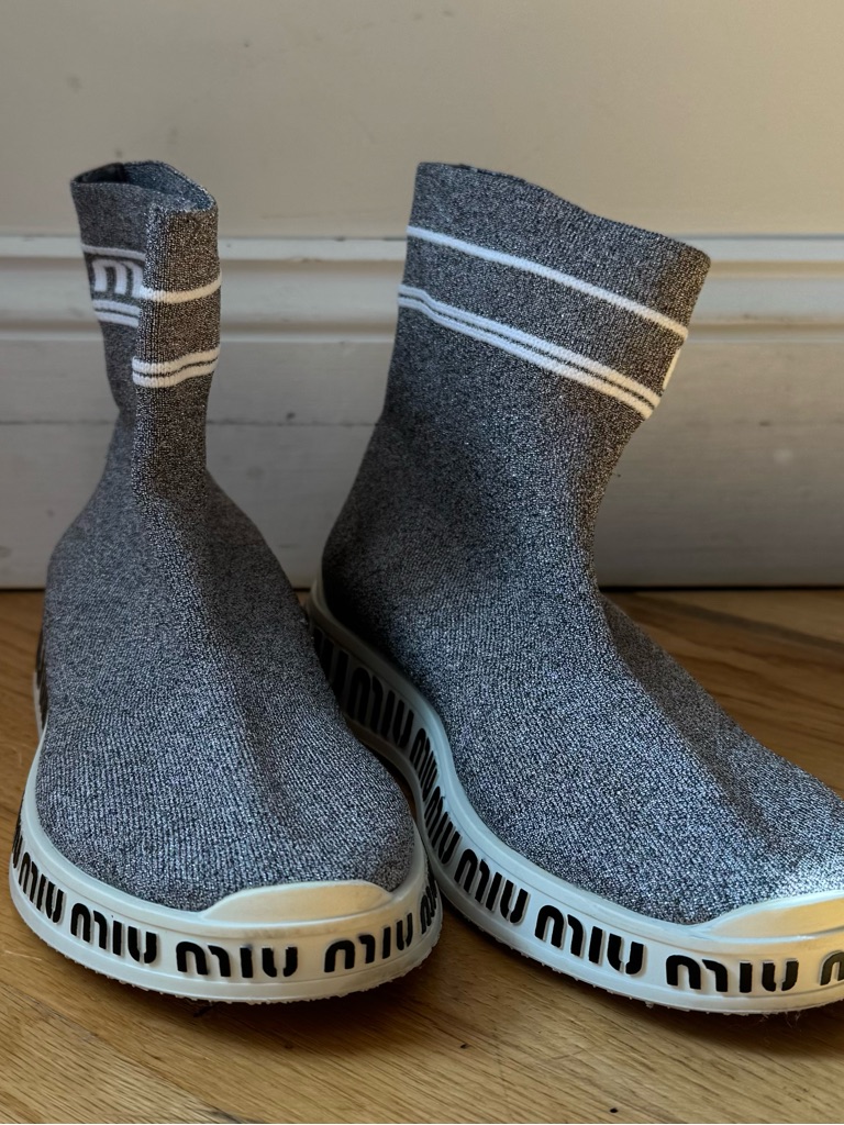 Miu Miu Gray Knit Sock Sneakers With White Stripes